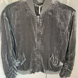 Free People Gray Ruched Plush Velvet Bomber Jacket